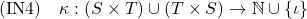  (\text{IN4}) \quad \kappa: (S \times T) \cup (T \times S) \to \mathbb{N} \cup \{\iota\} 