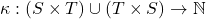 \kappa: (S \times T) \cup (T \times S) \to \mathbb{N}